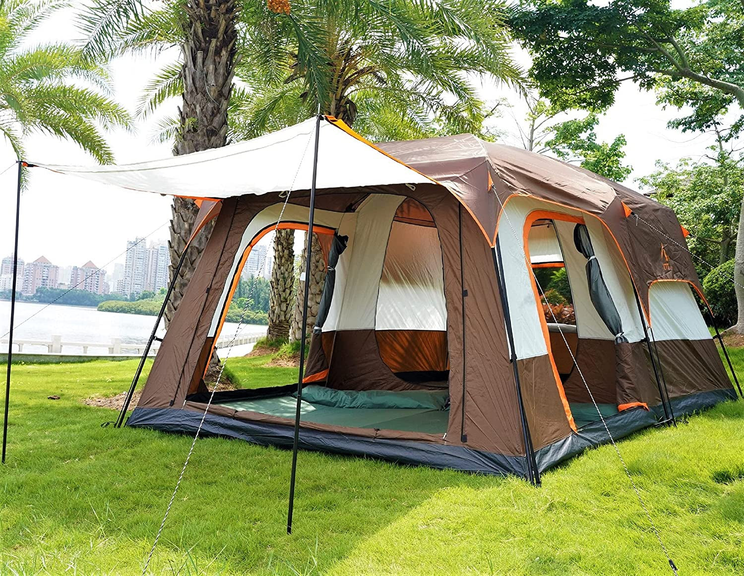 Extra Large Tent 12 Person(Style-B),Family Cabin Tents,2 Rooms,3 Doors and 3 Windows with Mesh,Straight Wall,Waterproof,Double Layer,Big Tent for Outdoor,Picnic,Camping,Family Gathering