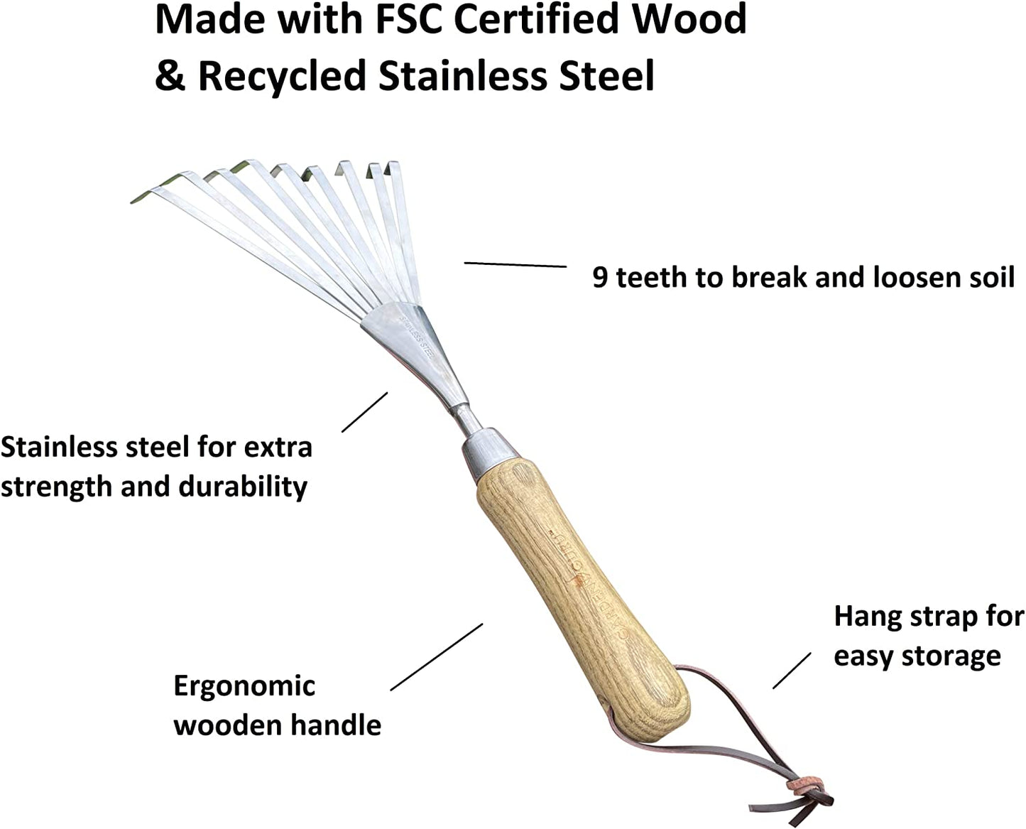 Garden Guru Eco Hand Rake Soil Tiller- 100% Recycled Stainless Steel - Rust Resistant - FSC Certified Wood Ergonomic Handle - Great for Gardening, Cultivating, Loosening Soil & Spreading Mulch