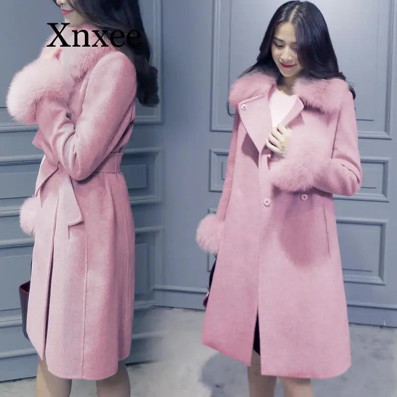 Winter Pink Elegant Jacket Ladies Elegant Gray Cashmere Jacket Belt Wool Jacket Cute Office Long Coat Fur Collar