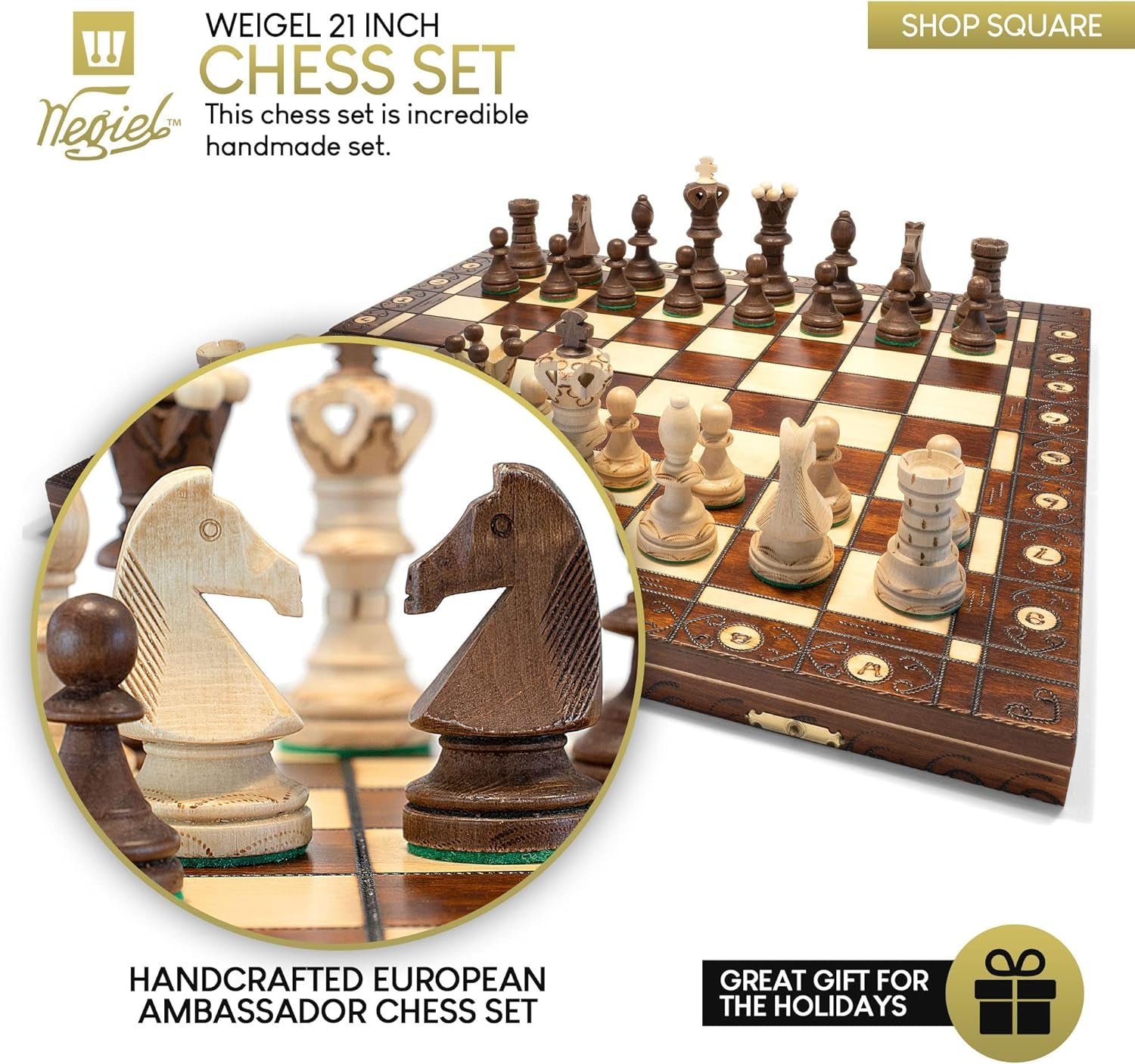 Handmade European Ambassador Chess Set - Wooden 21 Inch Beech & Birch Board with Felt Base - Carved Hornbeam & Sycamore Wood Chess Pieces