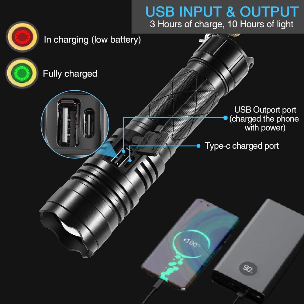 Rechargeable LED Flashlight, 90000 Lumens Super Bright Powerful LED Flashlight with 5 Modes, Waterproof Zoomable Tactical Flashlight for Emergency Camping Home