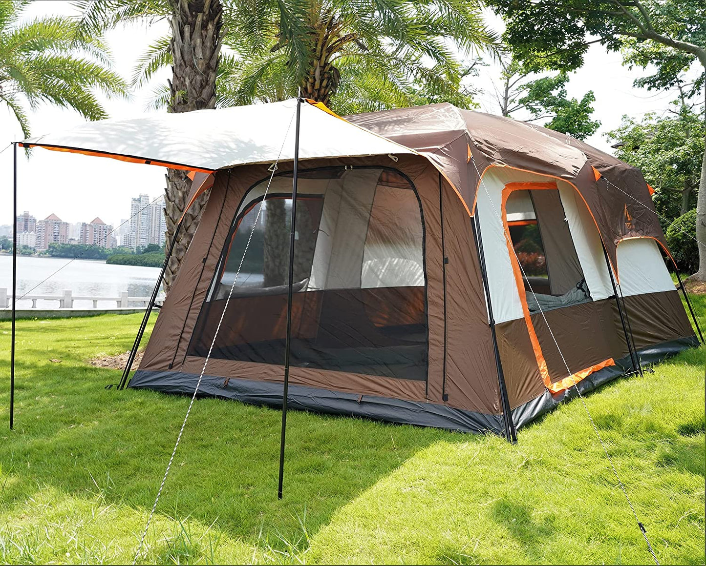 Extra Large Tent 12 Person(Style-B),Family Cabin Tents,2 Rooms,3 Doors and 3 Windows with Mesh,Straight Wall,Waterproof,Double Layer,Big Tent for Outdoor,Picnic,Camping,Family Gathering