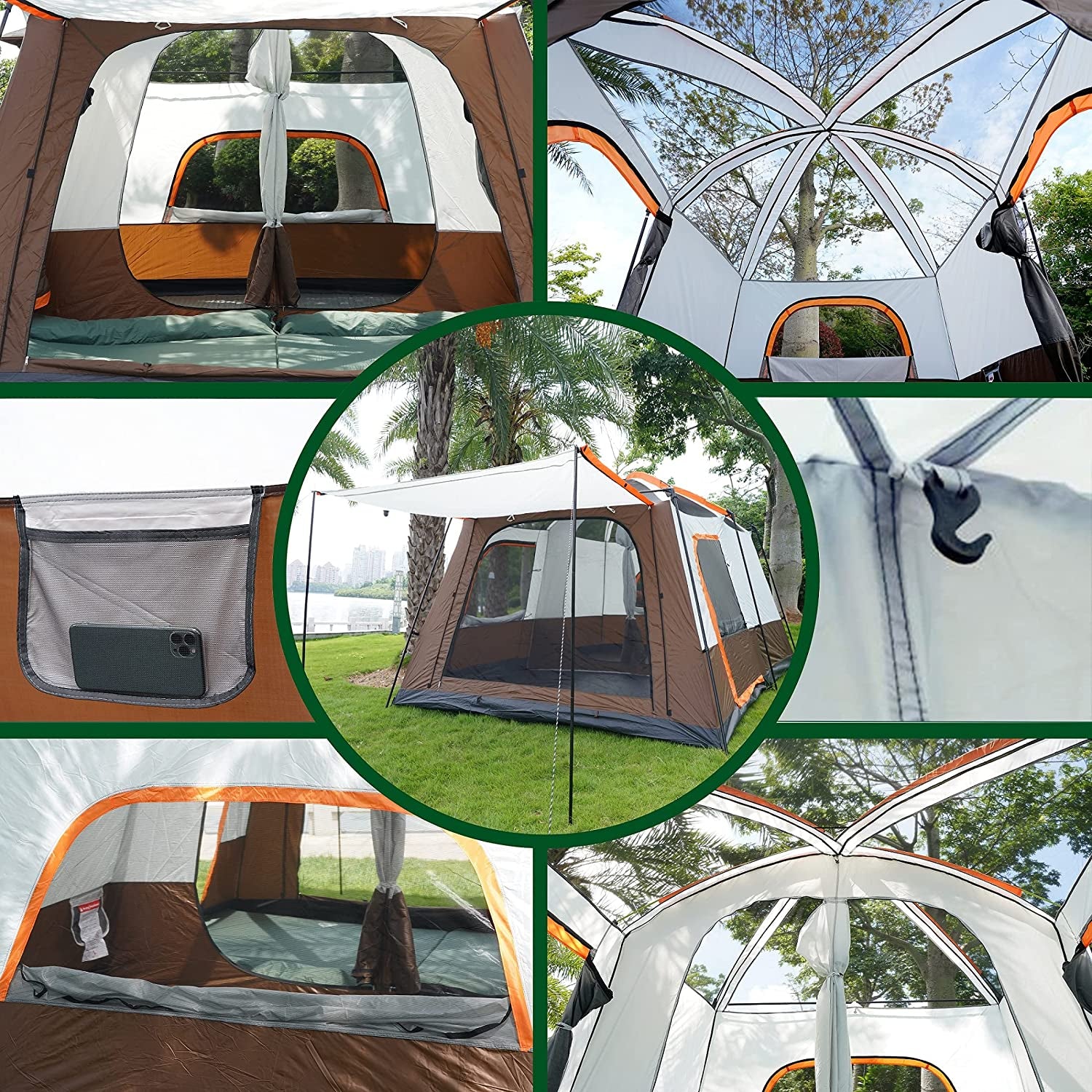 Extra Large Tent 12 Person(Style-B),Family Cabin Tents,2 Rooms,3 Doors and 3 Windows with Mesh,Straight Wall,Waterproof,Double Layer,Big Tent for Outdoor,Picnic,Camping,Family Gathering