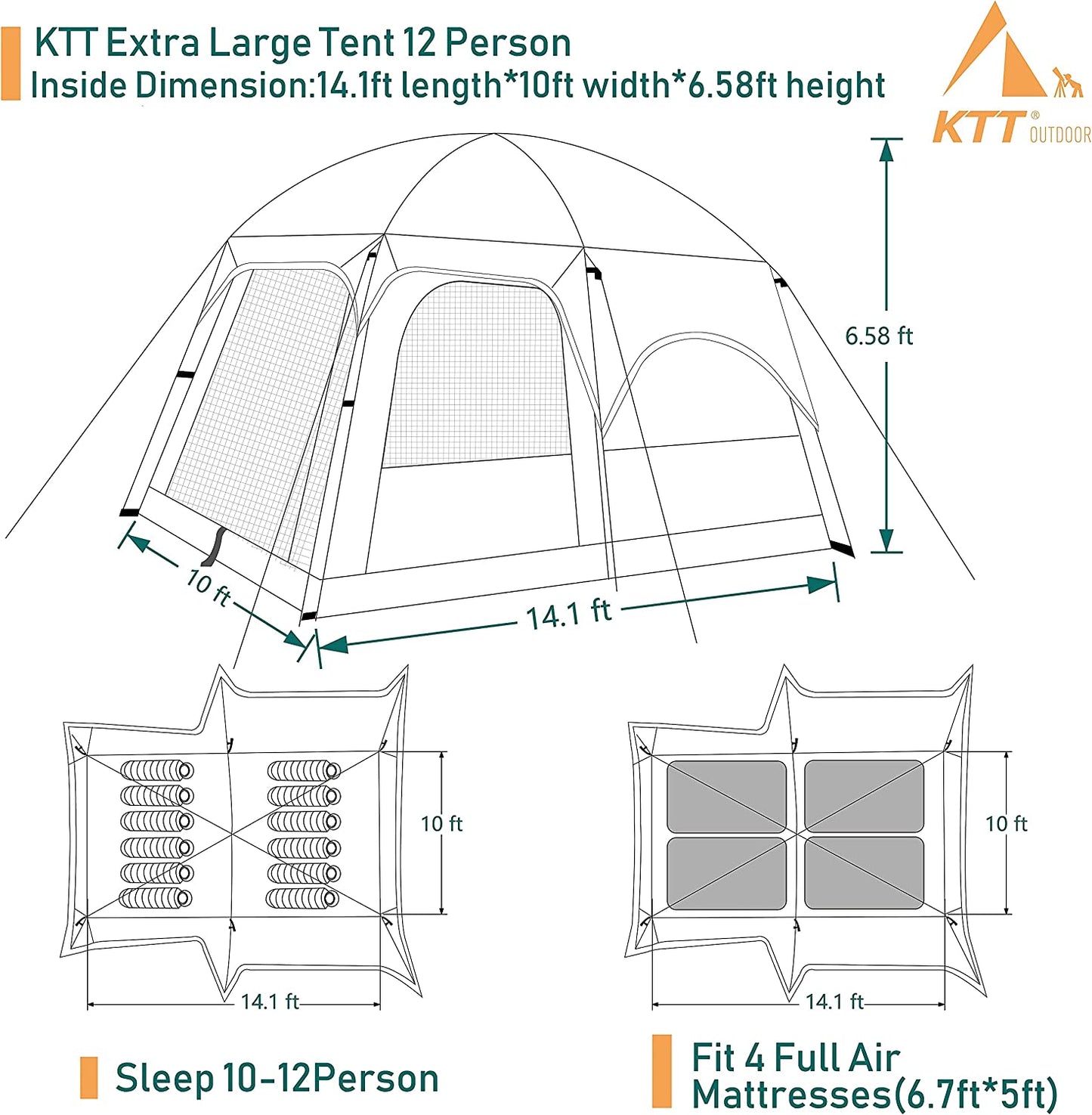 Extra Large Tent 12 Person(Style-B),Family Cabin Tents,2 Rooms,3 Doors and 3 Windows with Mesh,Straight Wall,Waterproof,Double Layer,Big Tent for Outdoor,Picnic,Camping,Family Gathering