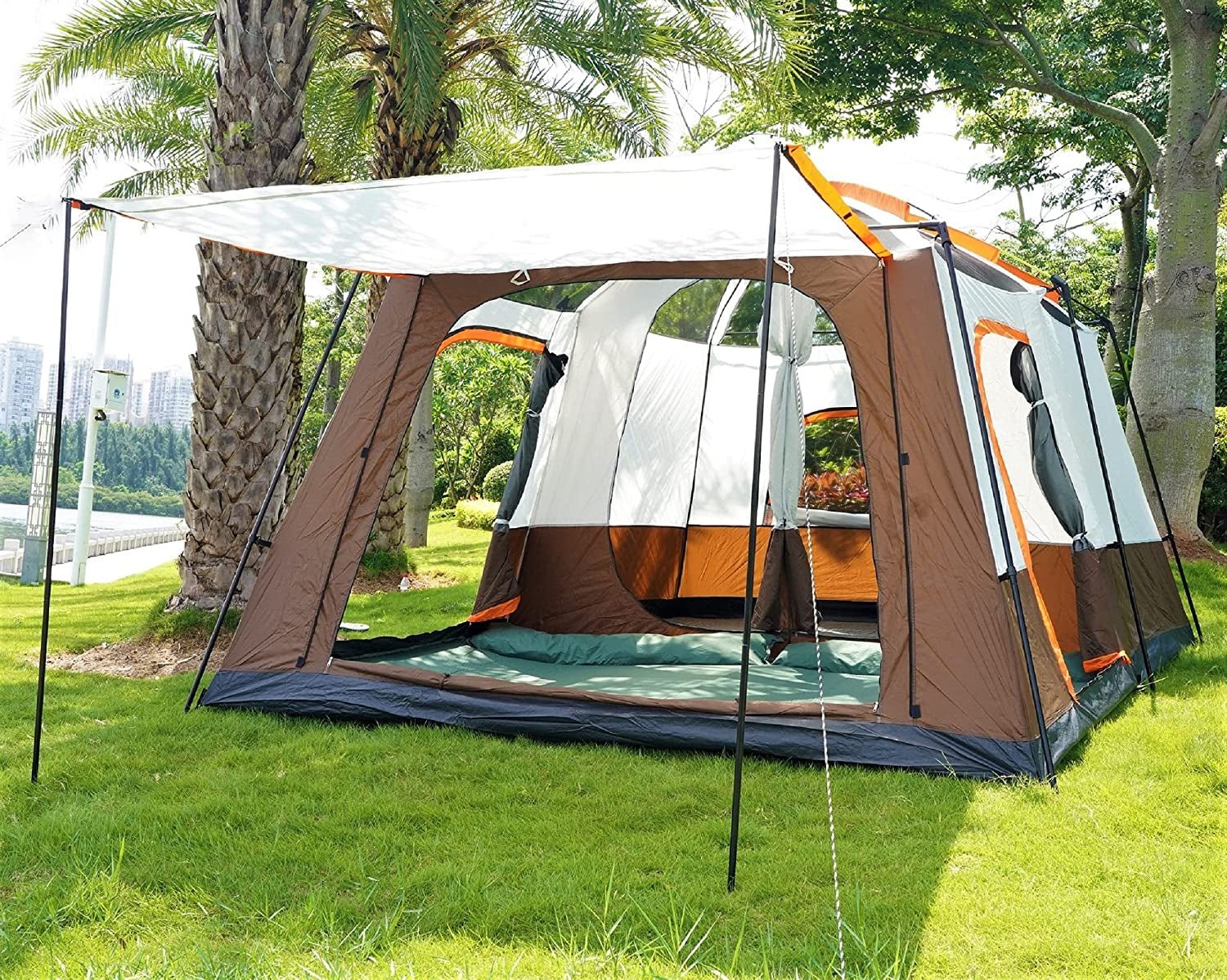 Extra Large Tent 12 Person(Style-B),Family Cabin Tents,2 Rooms,3 Doors and 3 Windows with Mesh,Straight Wall,Waterproof,Double Layer,Big Tent for Outdoor,Picnic,Camping,Family Gathering